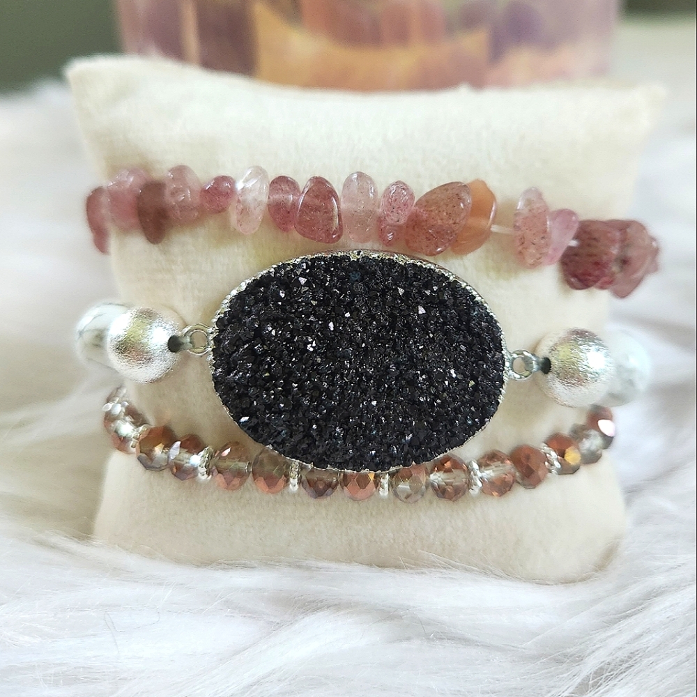 NWT Ryze Natural Stone Black Druzy, Howlite, & Quartz Beaded Staxx Bracelets